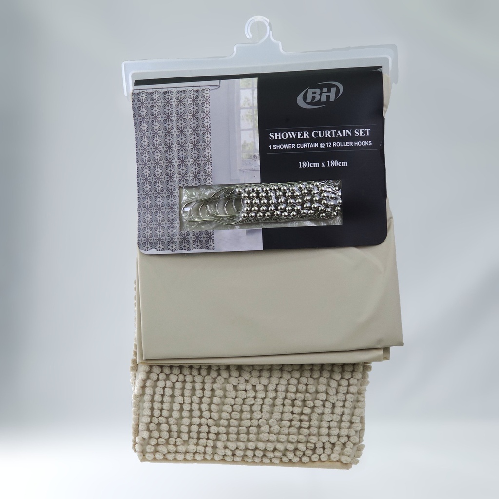 JUEGO CORTINA P/BAÑO EVA 180*180CM Y  ALFOMBRA ANTIDESLIZANTE 40*60CM POLYESTER